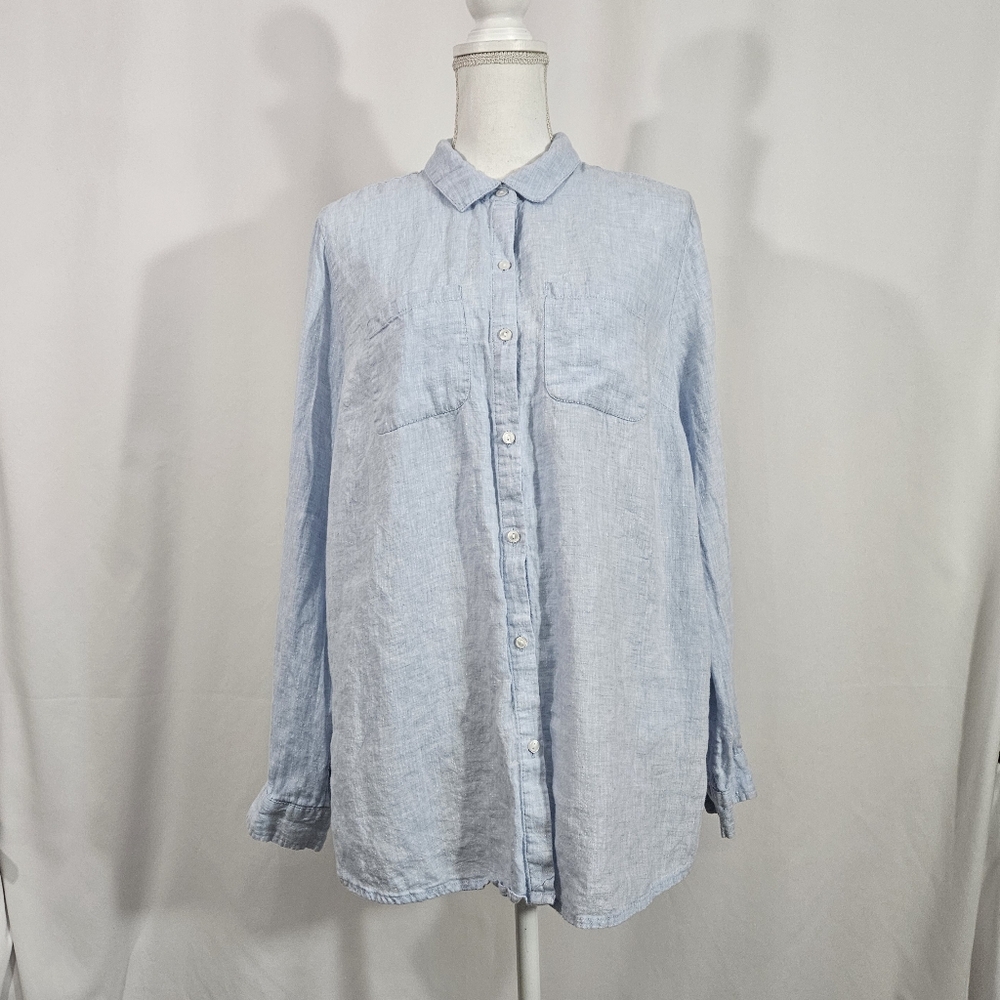 Charter Club blue button down 100% linen shirt women's size Large